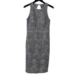 Vince Camuto Lace Sequin Sheath Dress Women's 8 Knee Length Open Back Blue
